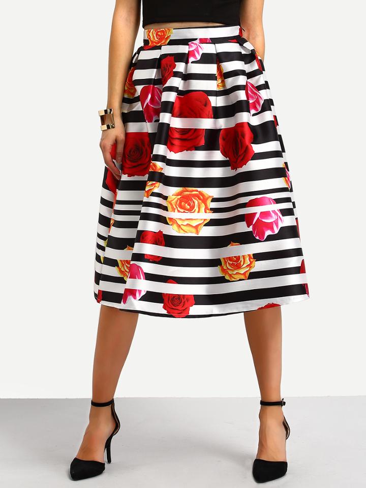 Shein Striped Rose Print High Waist A-line Skirt