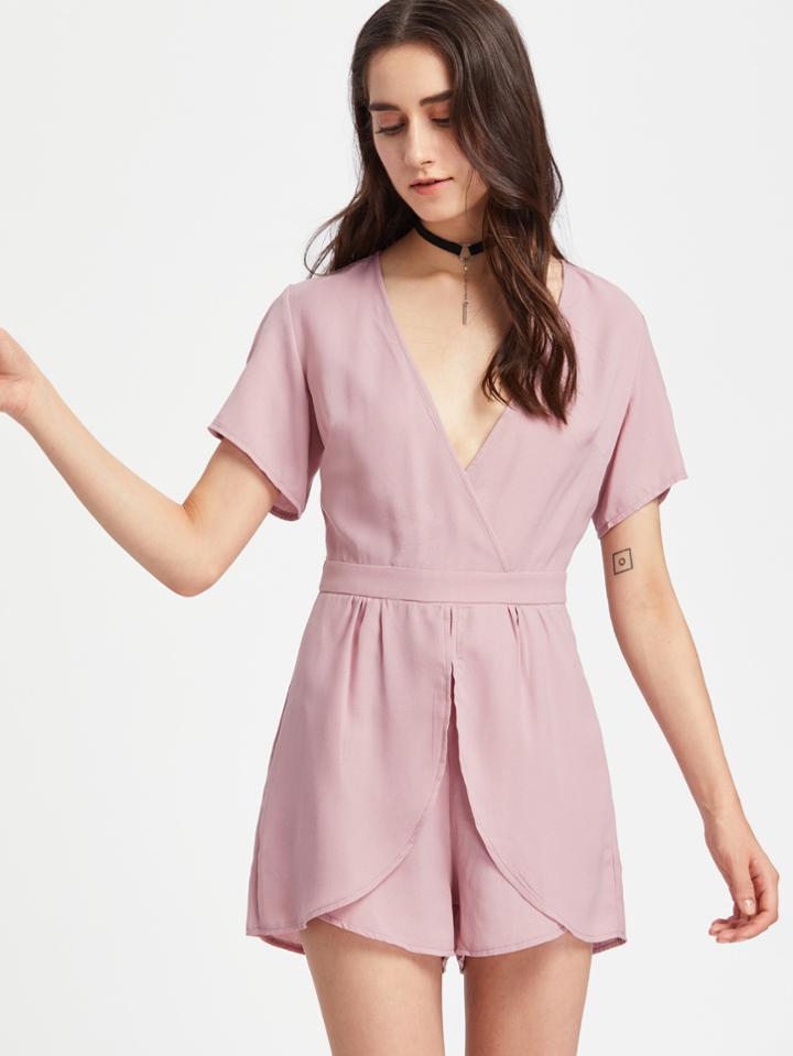 Shein Deep-plunge Neck Short Sleeve Wrap Playsuit