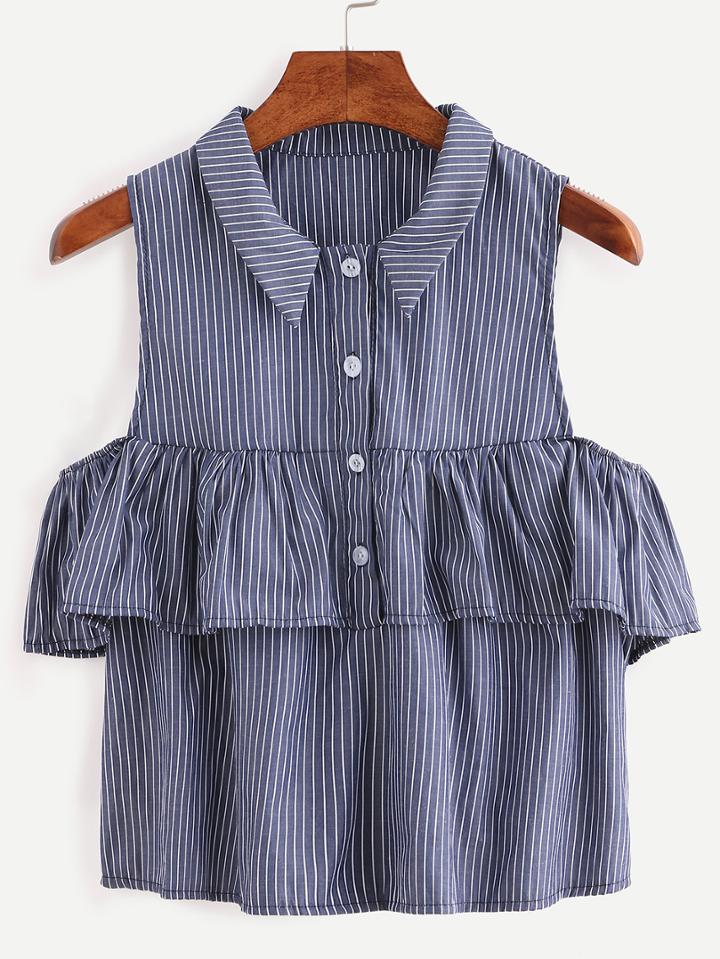 Shein Ruffled Open Shoulder Vertical Striped Shirt - Blue