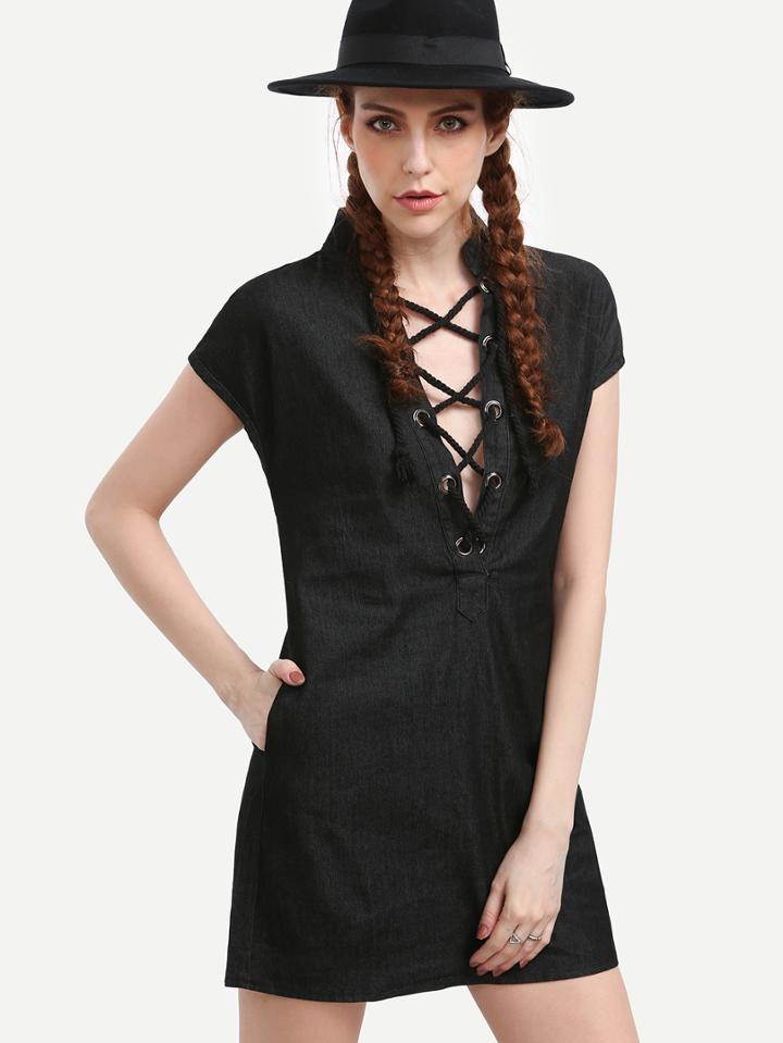 Shein Eyelet Criss Cross Band Collar Black Denim Dress