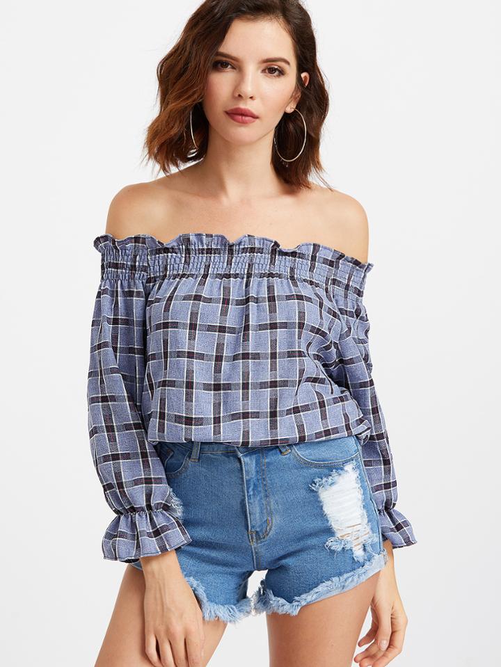 Shein Blue Off The Shoulder Ruffle Trim Plaid Top