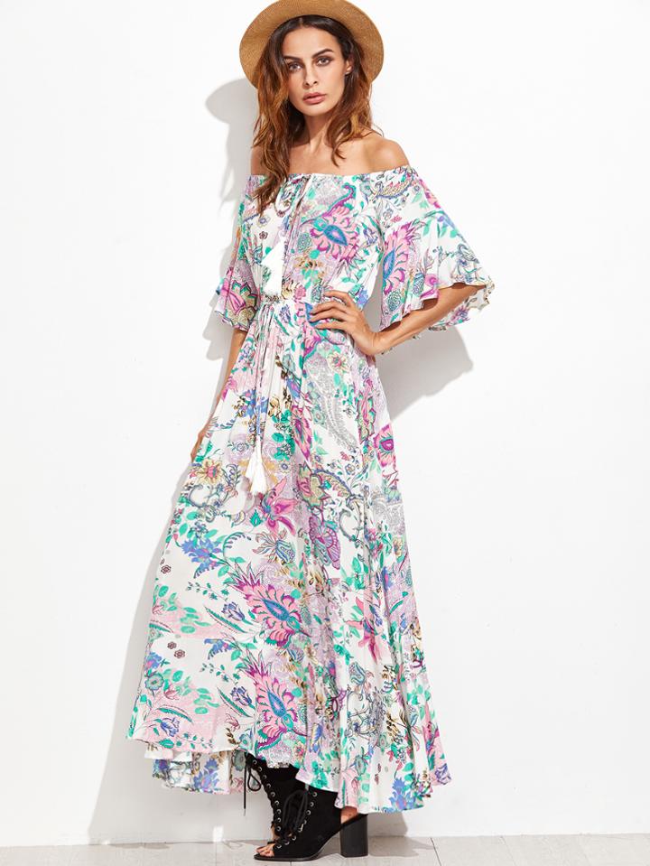 Shein Multicolor Printed Off The Shoulder Fringe Detail Dress