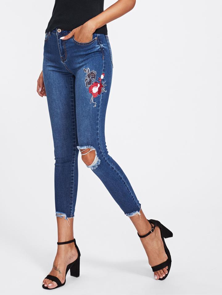 Shein Knee Ripped Raw Hem Embroidered Jeans