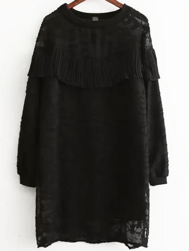 Shein Black Crew Neck Ruffle Lace Loose Dress