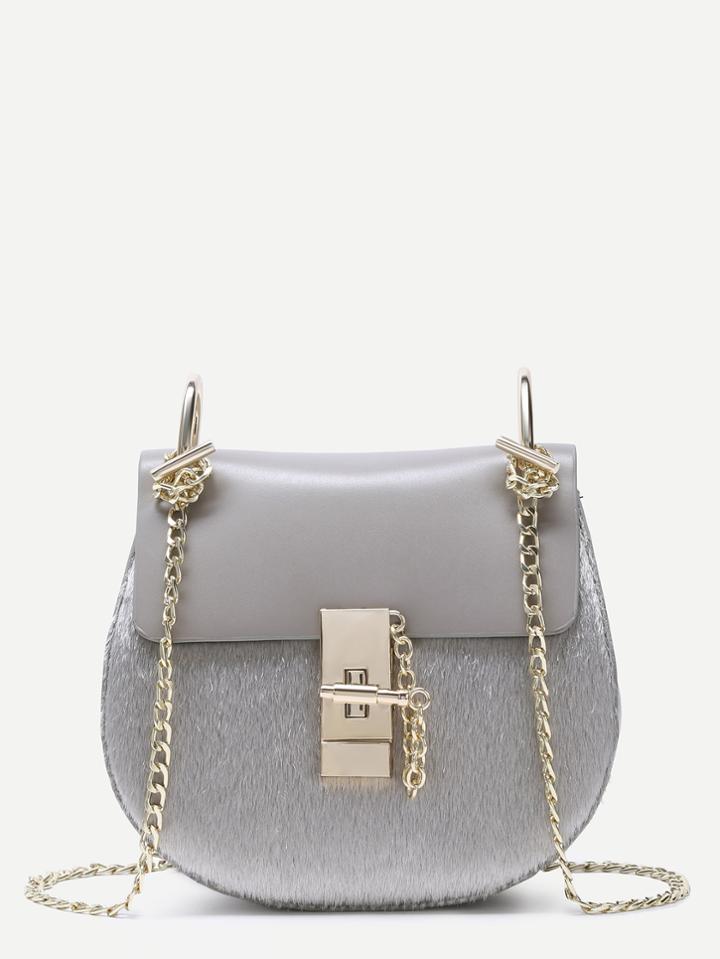 Shein Grey Horse Hair Covered Pu Saddle Bag With Chain Strap