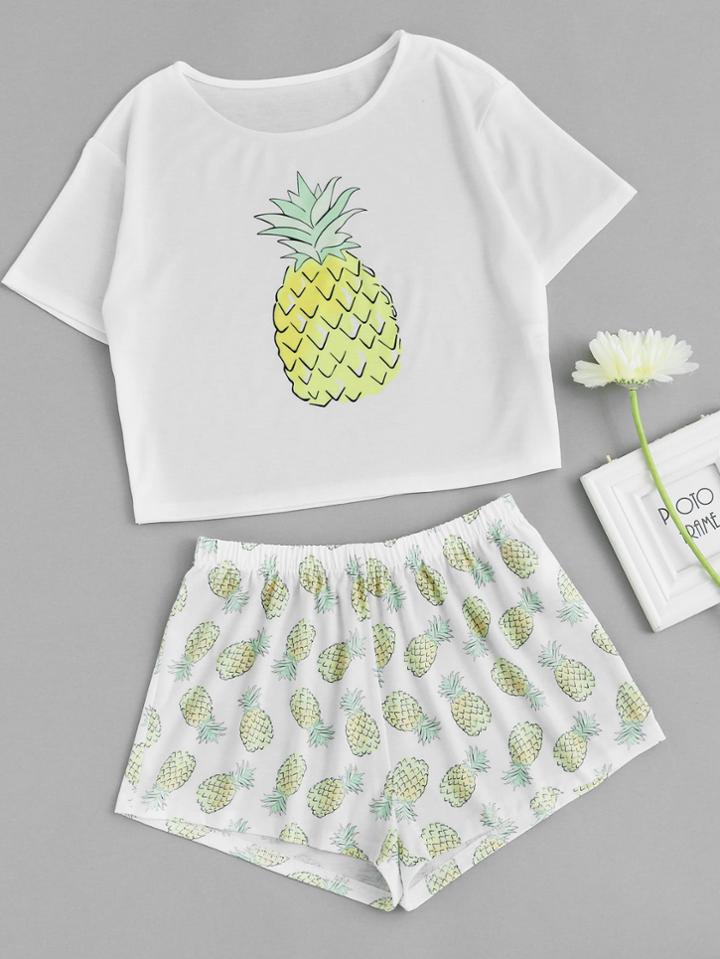 Shein Pineapple Print Tee And Shorts Co-ord