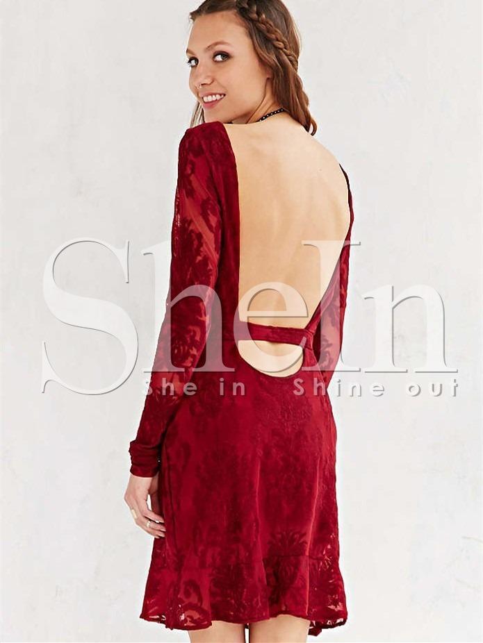 Shein Red Long Sleeve Lace Luxury Deluxe Backless Dress