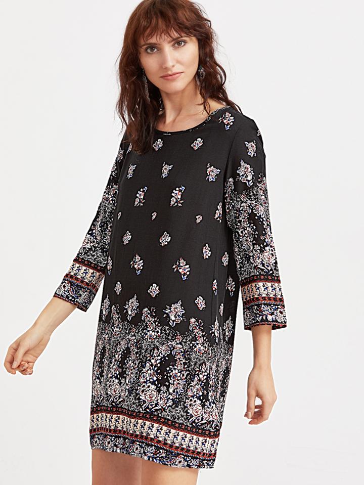 Shein Black Floral Print Tunic Dress