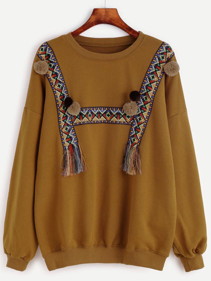 Shein Brown Woven Tape And Pom Pom Detail Sweatshirt