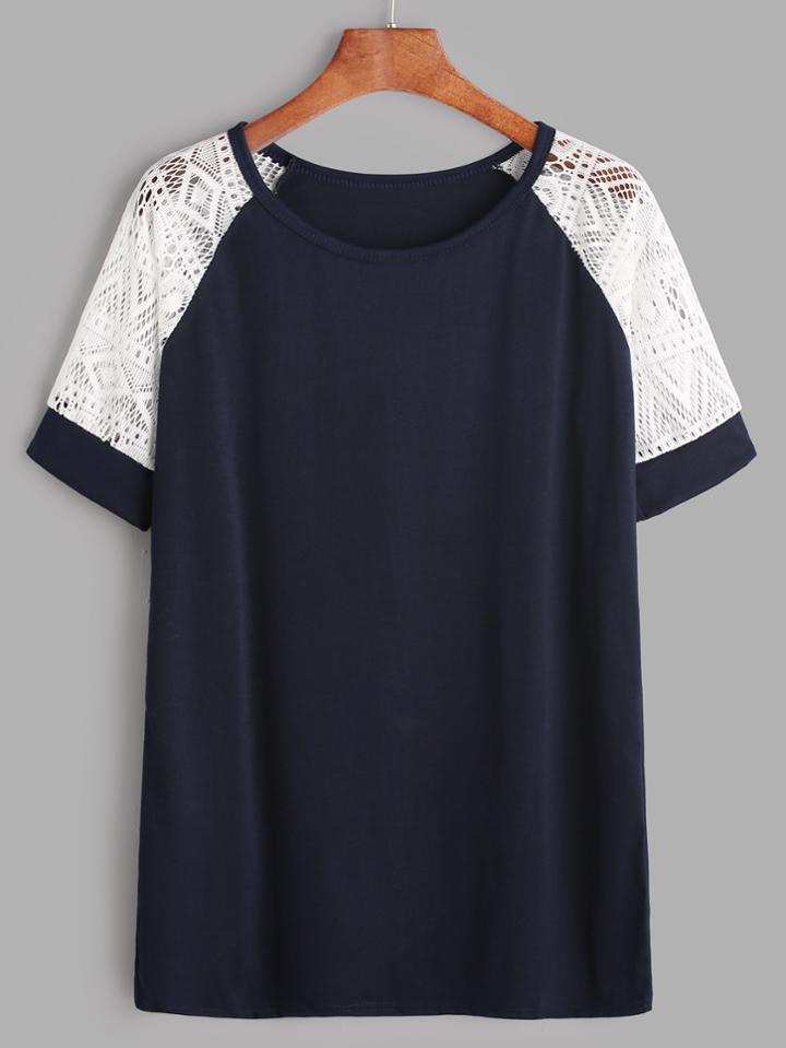 Shein Navy Contrast Lace Raglan Sleeve T-shirt