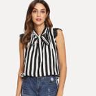 Shein Lace Trim Tie Neck Striped Blouse