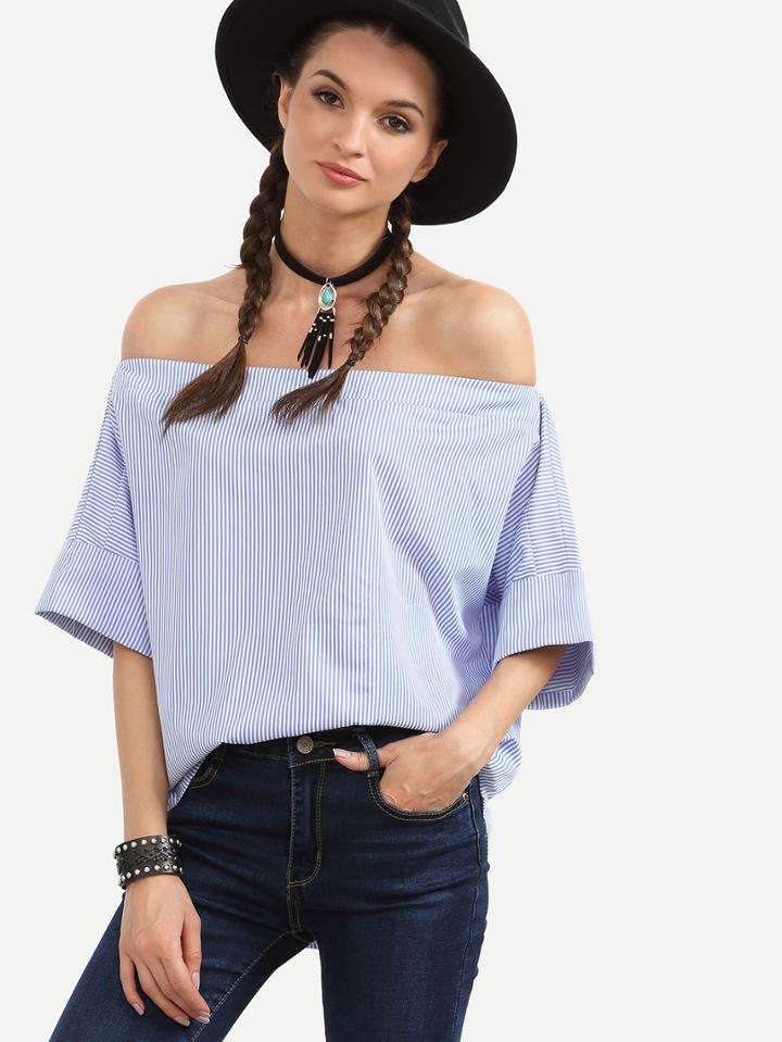 Shein Blue Striped Off The Shoulder Blouse