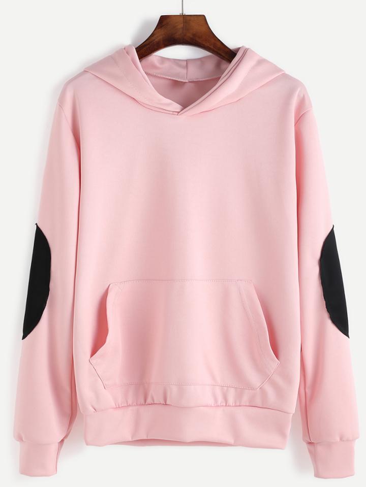 Shein Pink Elbow Patch Hooded Sweatshirt