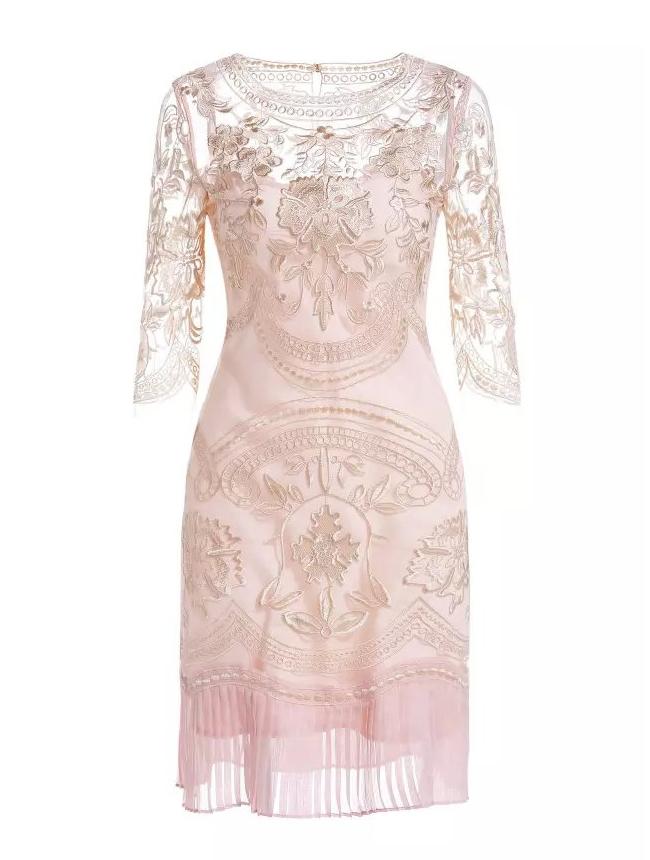 Shein Apricot Round Neck Half Sleeve Embroidered Dress