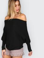 Shein Black Waffle Knit Asymmetric Shoulder T-shirt