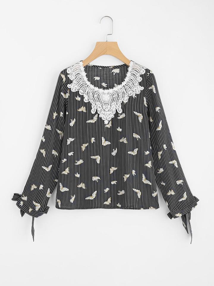 Shein Lace Applique Neck Bow Cuff Mixed Print Top