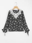 Shein Lace Applique Neck Bow Cuff Mixed Print Top