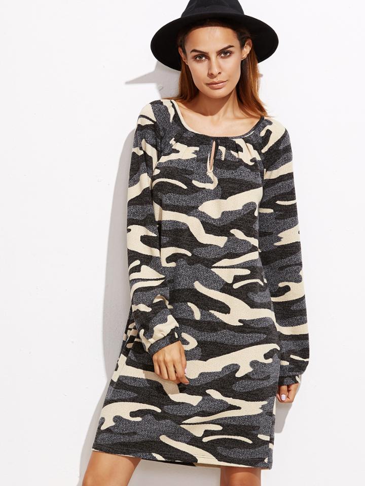 Shein Apricot Camo Print Keyhole Shift Dress
