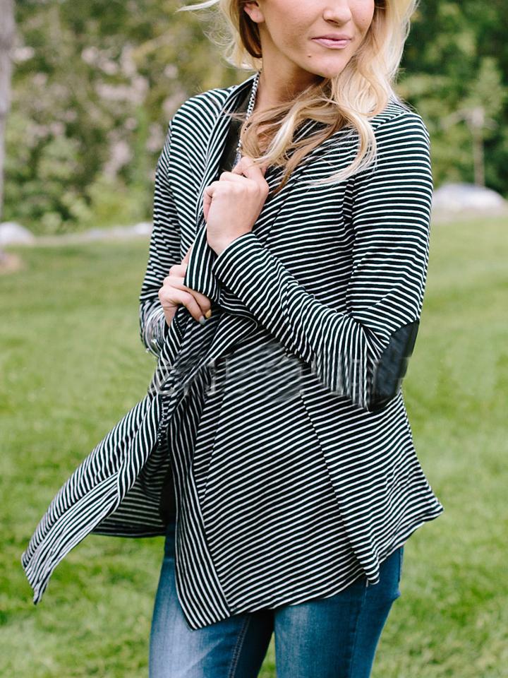 Shein Black White Elbow Patch Striped Coat