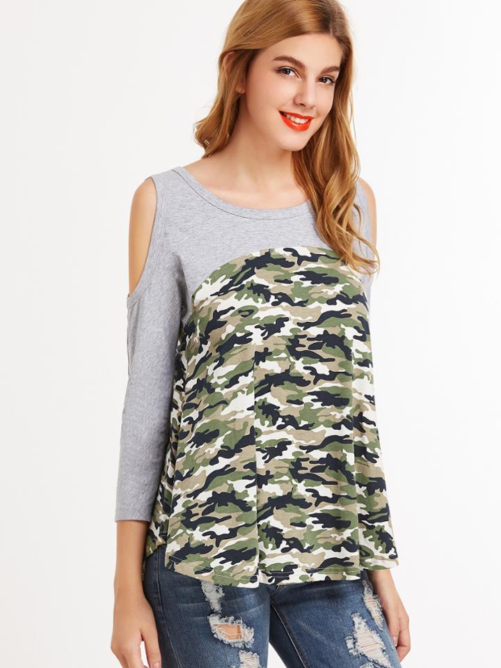 Shein Olive Green Camo Print Contrast Yoke Open Shoulder T-shirt