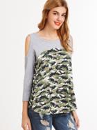 Shein Olive Green Camo Print Contrast Yoke Open Shoulder T-shirt