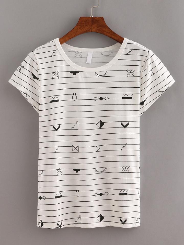 Shein Cartoon Print Stripe T-shirt White