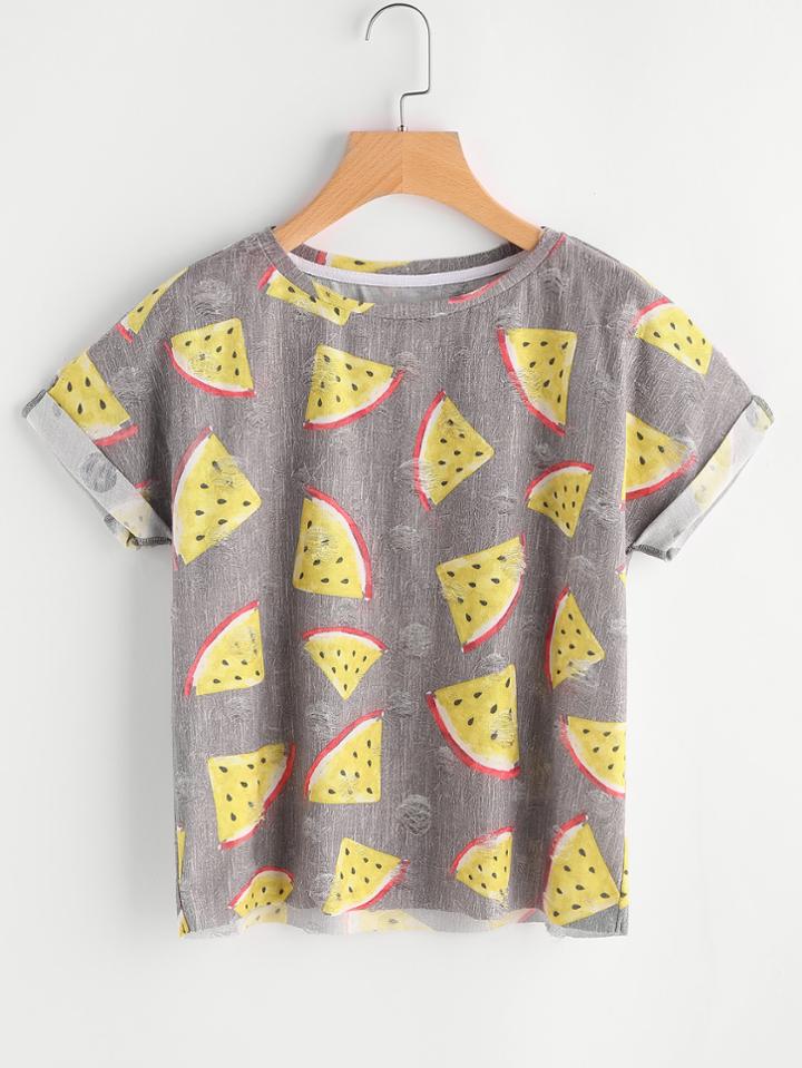 Shein Allover Watermelon Print Frayed Dot Cuffed Tee
