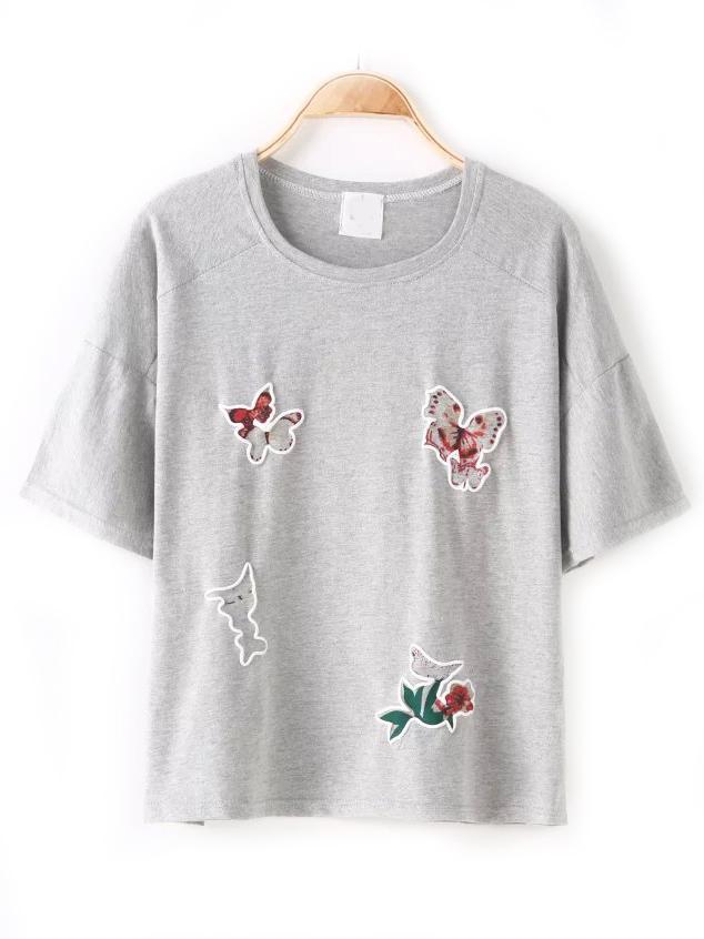 Shein Grey Crew Neck Butterfly Print T-shirt
