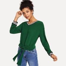 Shein Knot Hem Contrast Striped Sweatshirt