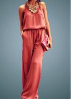 Rosewe Sleeveless Drawstring Waist Pink Boot Cut Jumpsuit