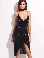 Shein Navy Double Breasted Velvet Wrap Cami Dress