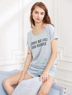 Shein Heather Grey Slogan Print Tee And Shorts Pajama Set