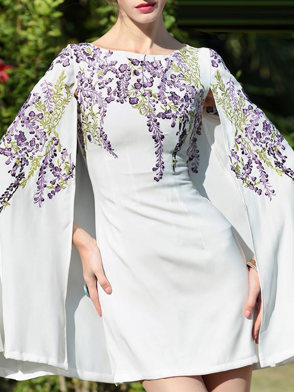 Shein White Round Neck Embroidered Cape Dress