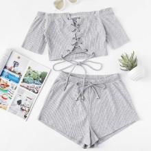 Shein Lace Up Crop Top & Drawstring Waist Shorts