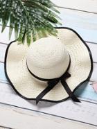 Shein White Bow Tie Design Wide Brim Straw Hat
