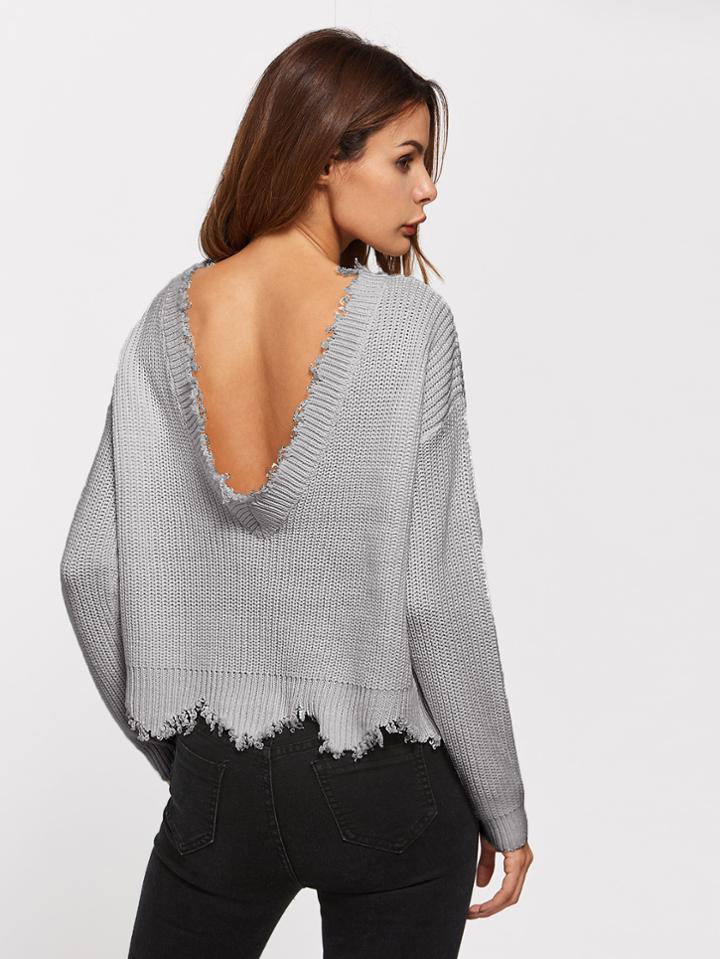 Shein Scoop Back Scalloped Raw Edge Jumper