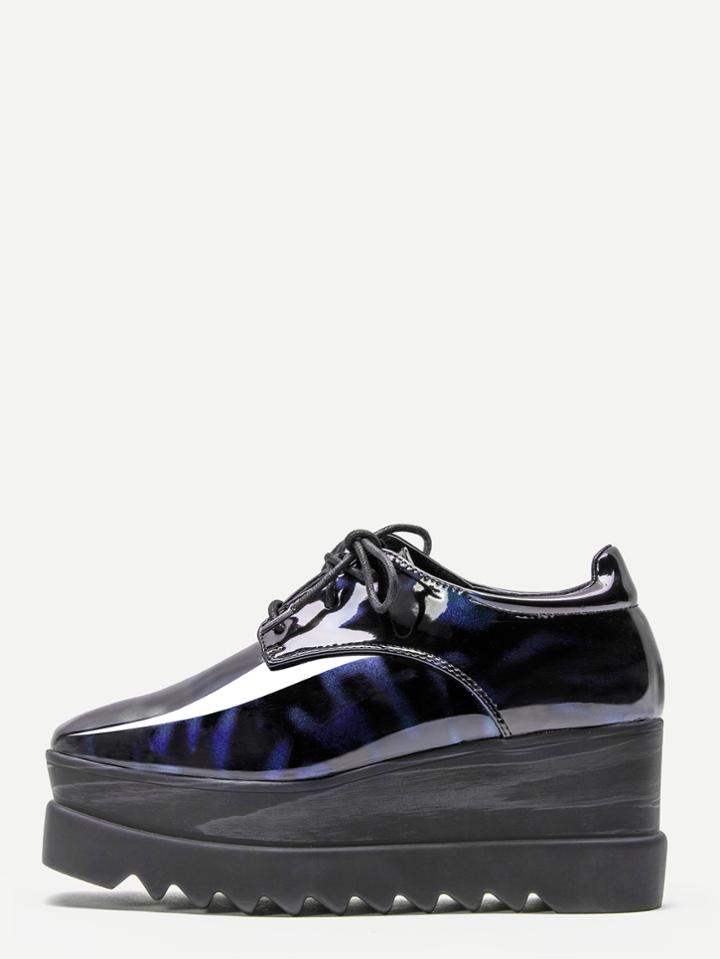 Shein Blue Patent Leather Wedge Flatform Derby Shoes