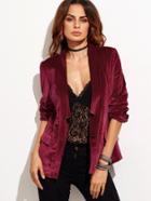 Shein Burgundy One Button Notched Collarless Velvet Blazer