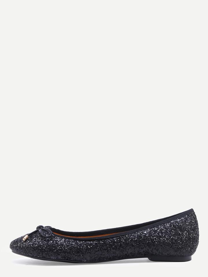 Shein Bow Tie Glitter Ballet Flats - Black