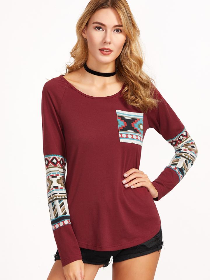 Shein Burgundy Curved Hem Pocket T-shirt With Tribal Print Detail