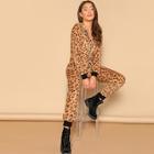 Shein Zip Front Leopard Print Hooded Jumpsuit