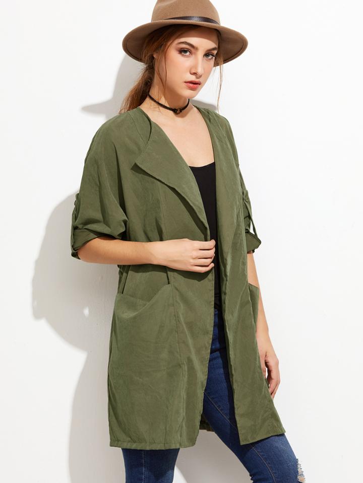 Shein Army Green Roll Tab Sleeve Drawstring Coat