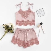 Shein Contrast Lace Cami Top & Shorts With Thong