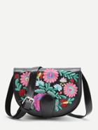 Shein Black Flower Embroidery Pu Saddle Bag
