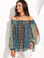 Shein Print Shirred Bardot Split Sleeve Blouse