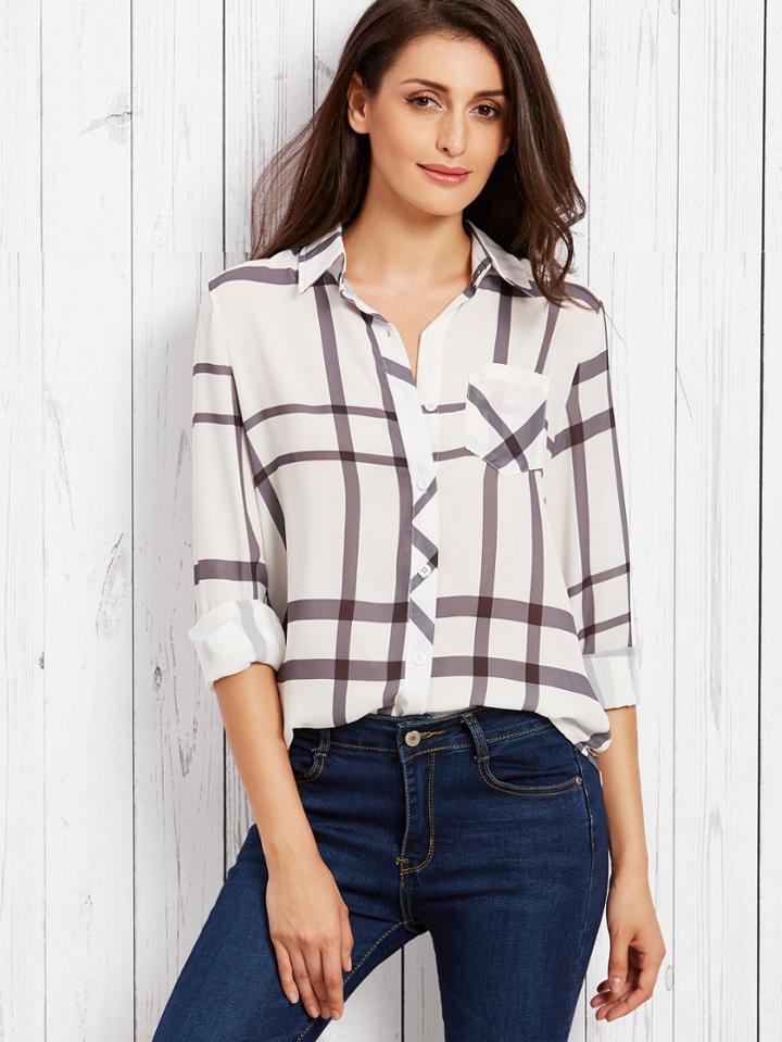 Shein White Plaid Curved Hem Shirt