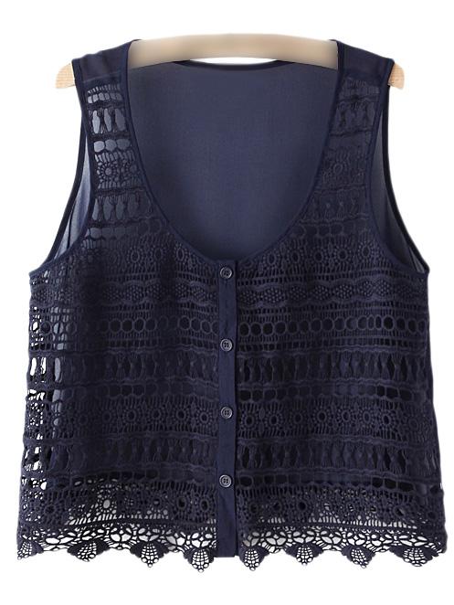 Shein Navy Buttons Front Hollow Crochet Splicing Tank Top