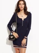 Shein Navy Striped Trim Button Front Ribbed Dress