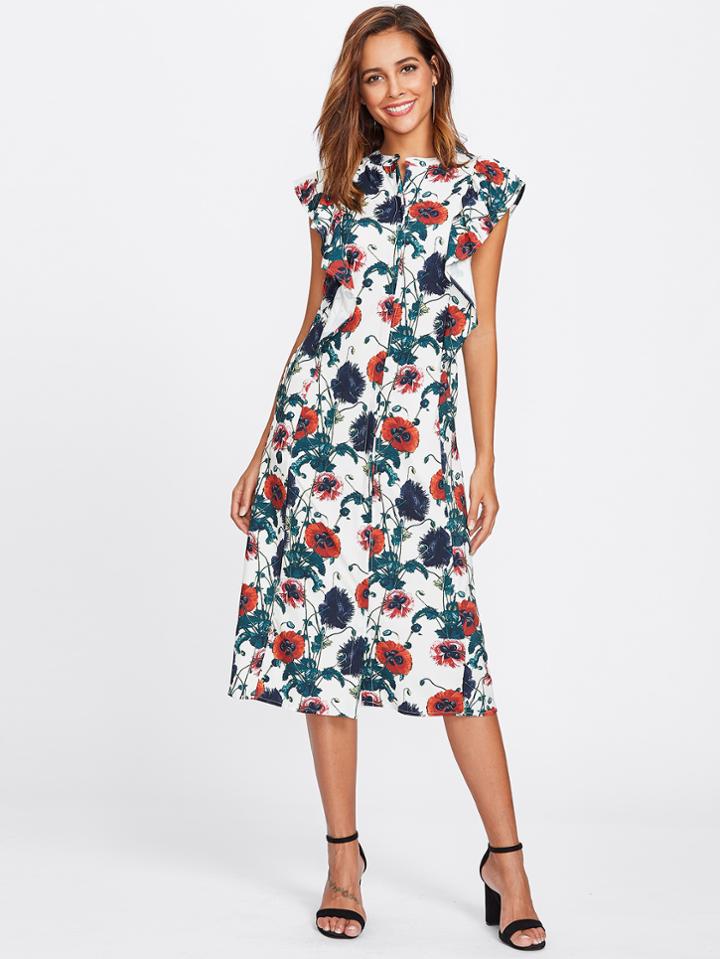 Shein Flounce Detail Floral Print Dress