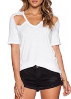 Rosewe Cutout Design V Neck Solid White T Shirt
